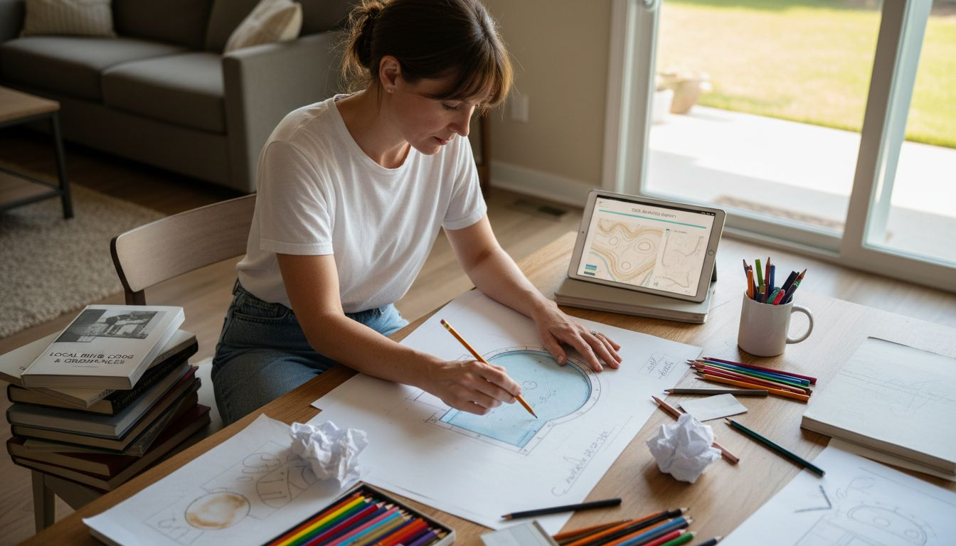 Homeowner reviewing hand-drawn pool design sketches