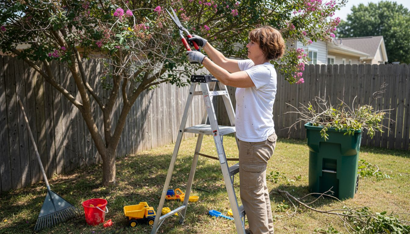 Woman pruning backyard tree before storm season