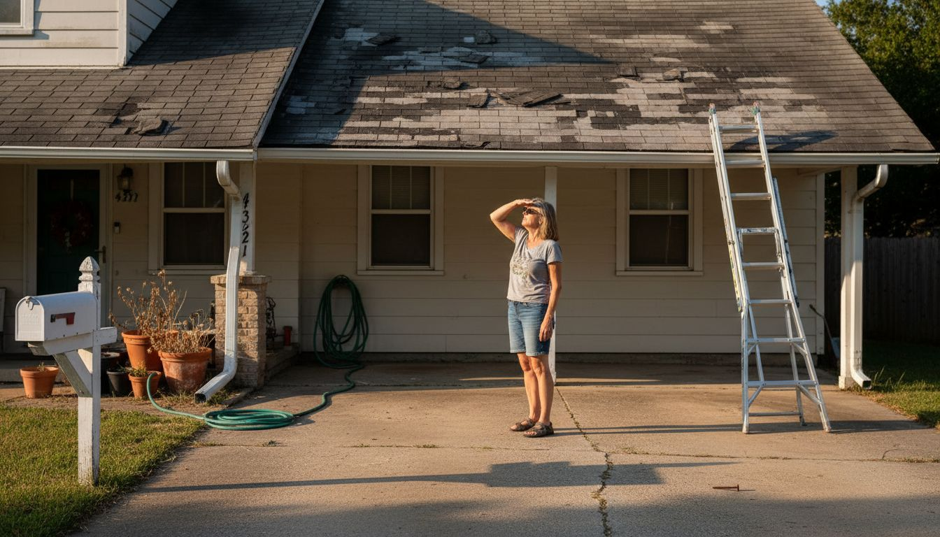 Homeowner checking old shingle roof signs