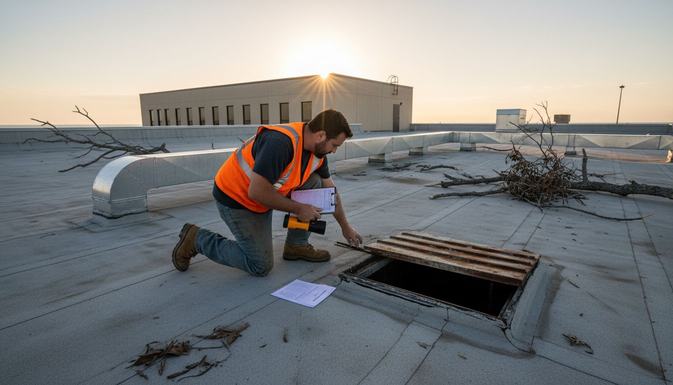 Inspector checks roof seams on Texas building
