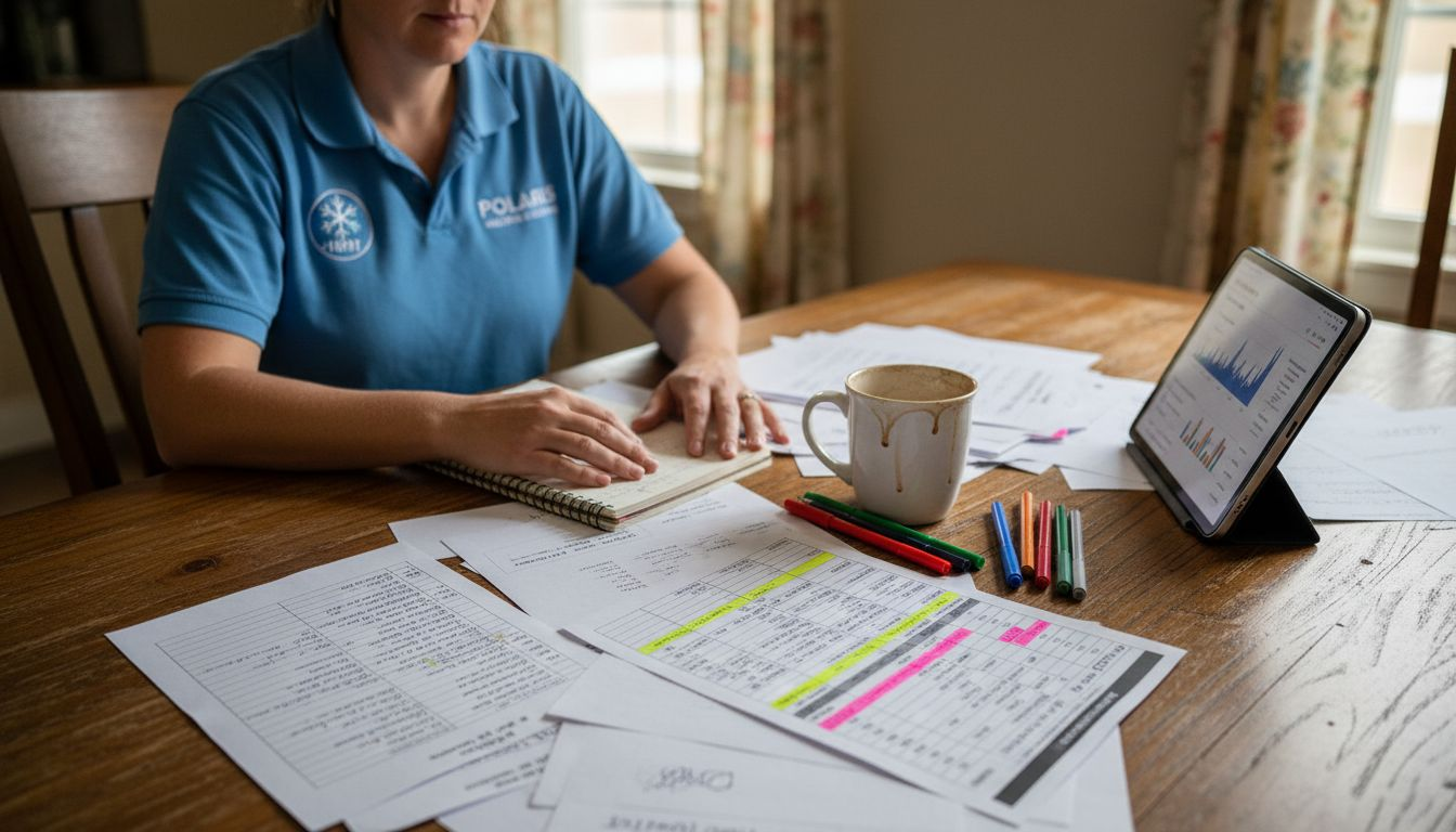 Contractor planning HVAC campaign with notes and tablet