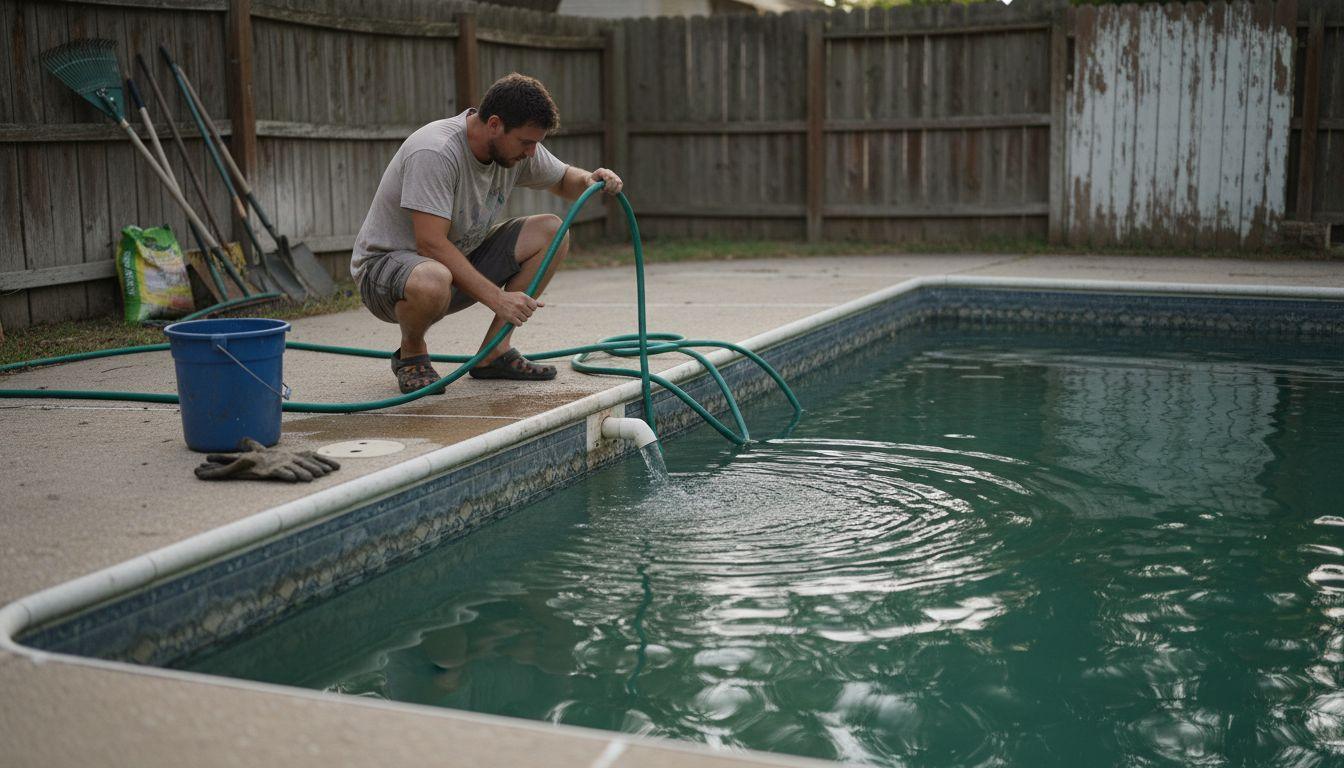 Technician draining pool to start replastering process