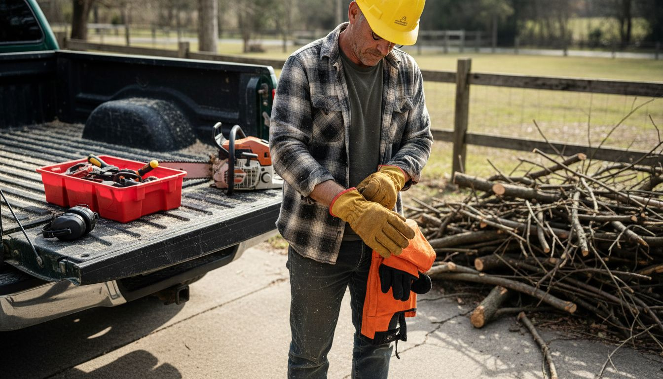 Man putting on tree removal safety gear