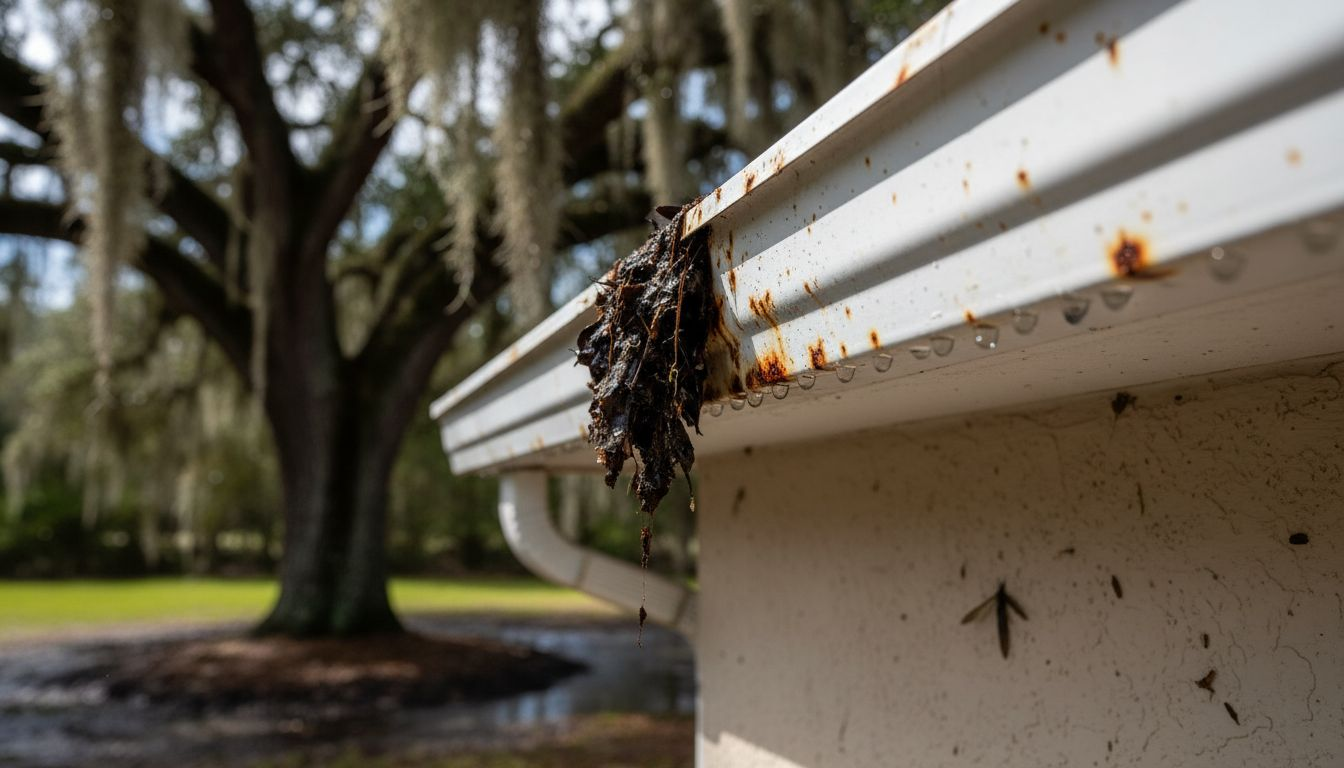 Clogged, rusty home gutter detail view