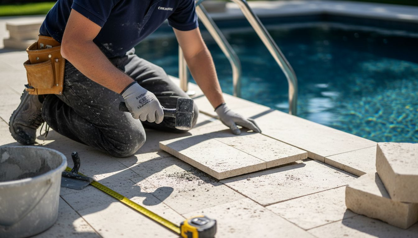 Contractor installing luxury stone pool deck