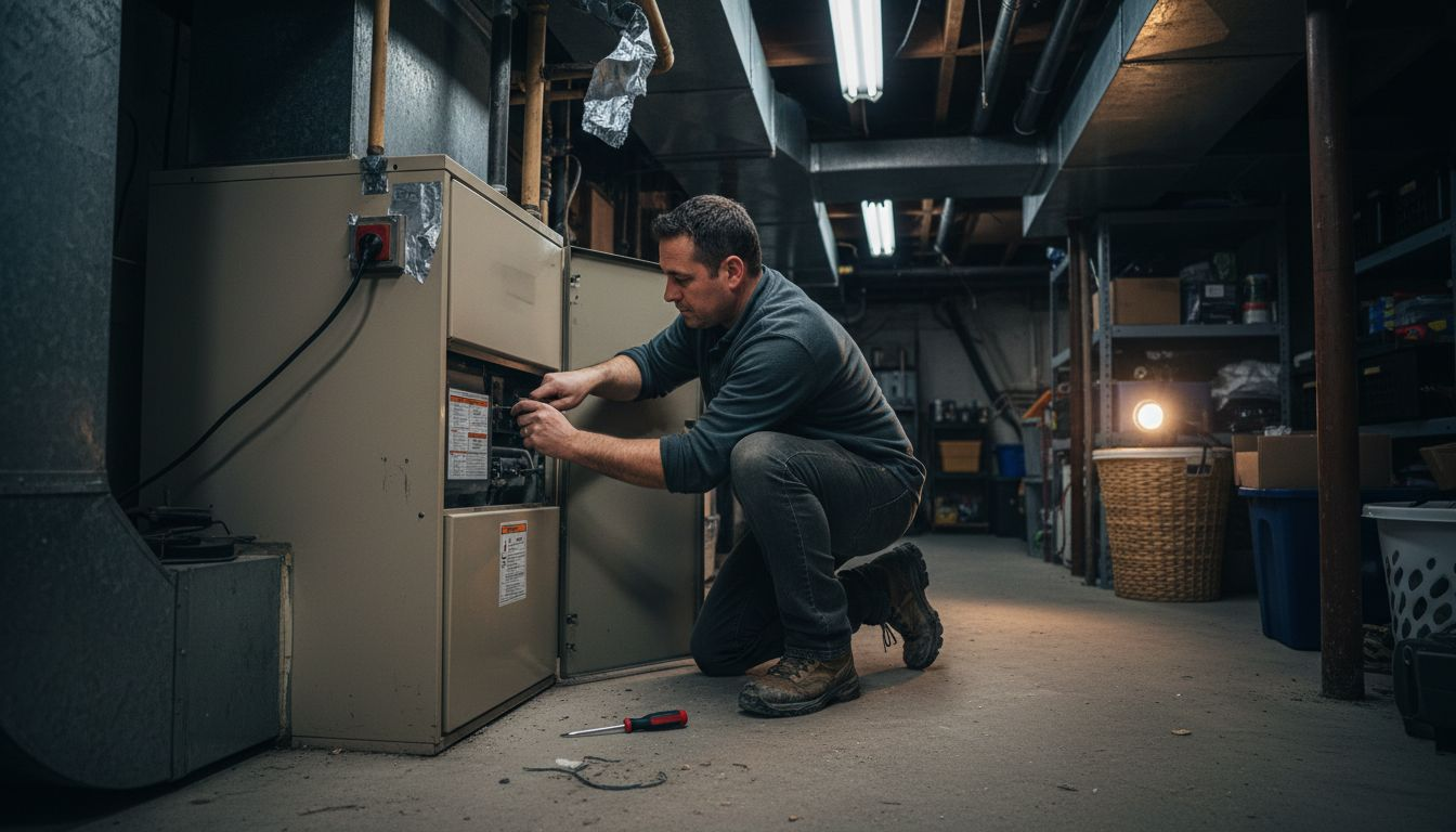 Technician powers off furnace for safe HVAC repair