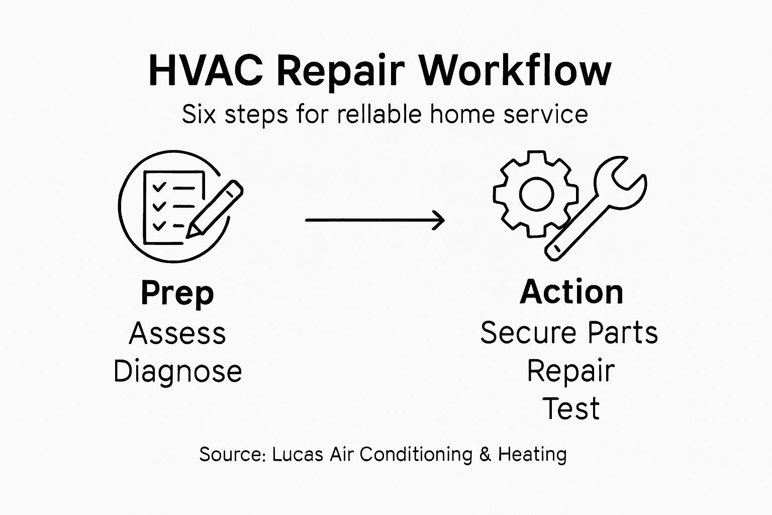 Infographic showing six-step HVAC repair workflow overview