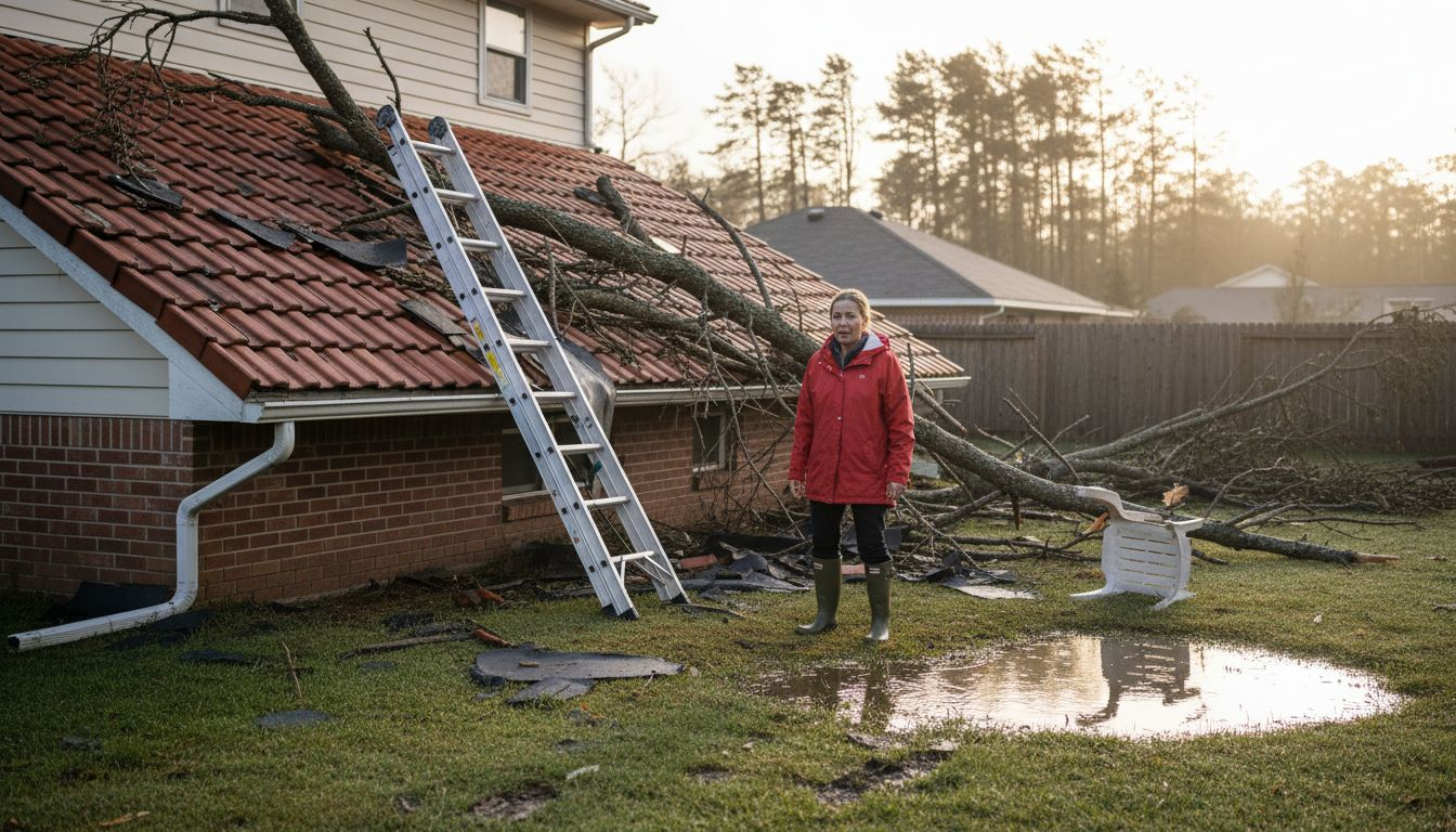 Homeowner inspects roof debris after storm