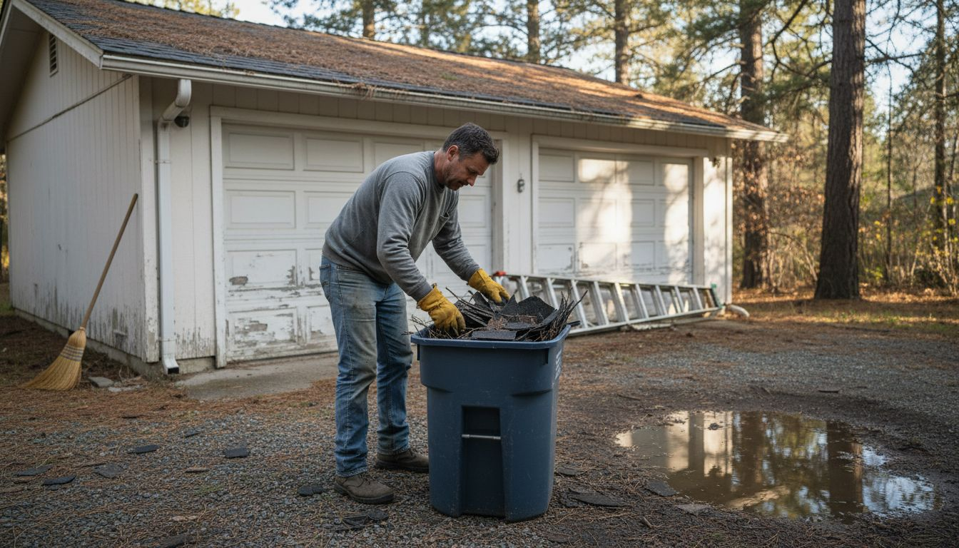 Homeowner removing debris after roof damage
