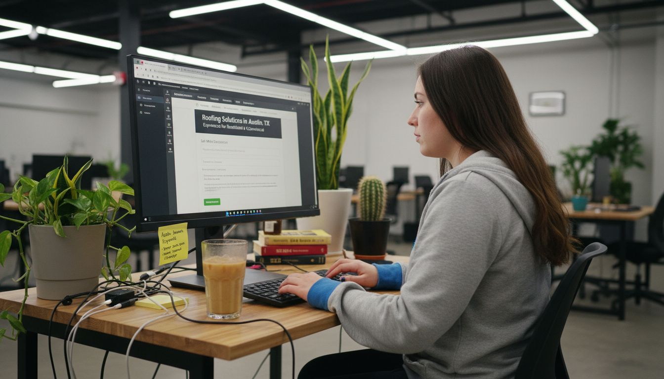 Editing roofing website SEO tags at desk