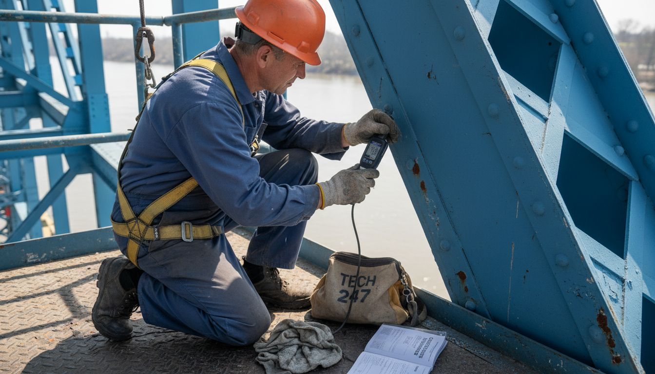 Technician measuring paint film thickness on bridge