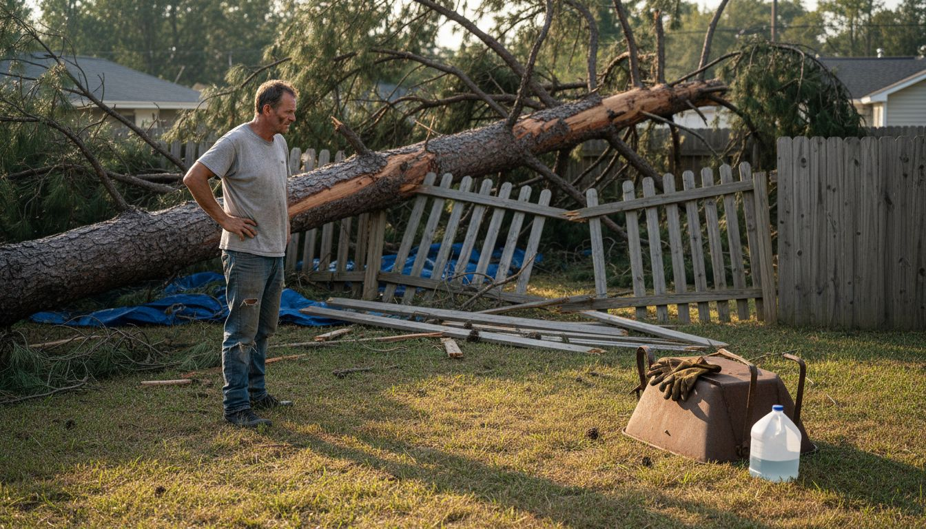 Homeowner examines dead tree fallen on fence