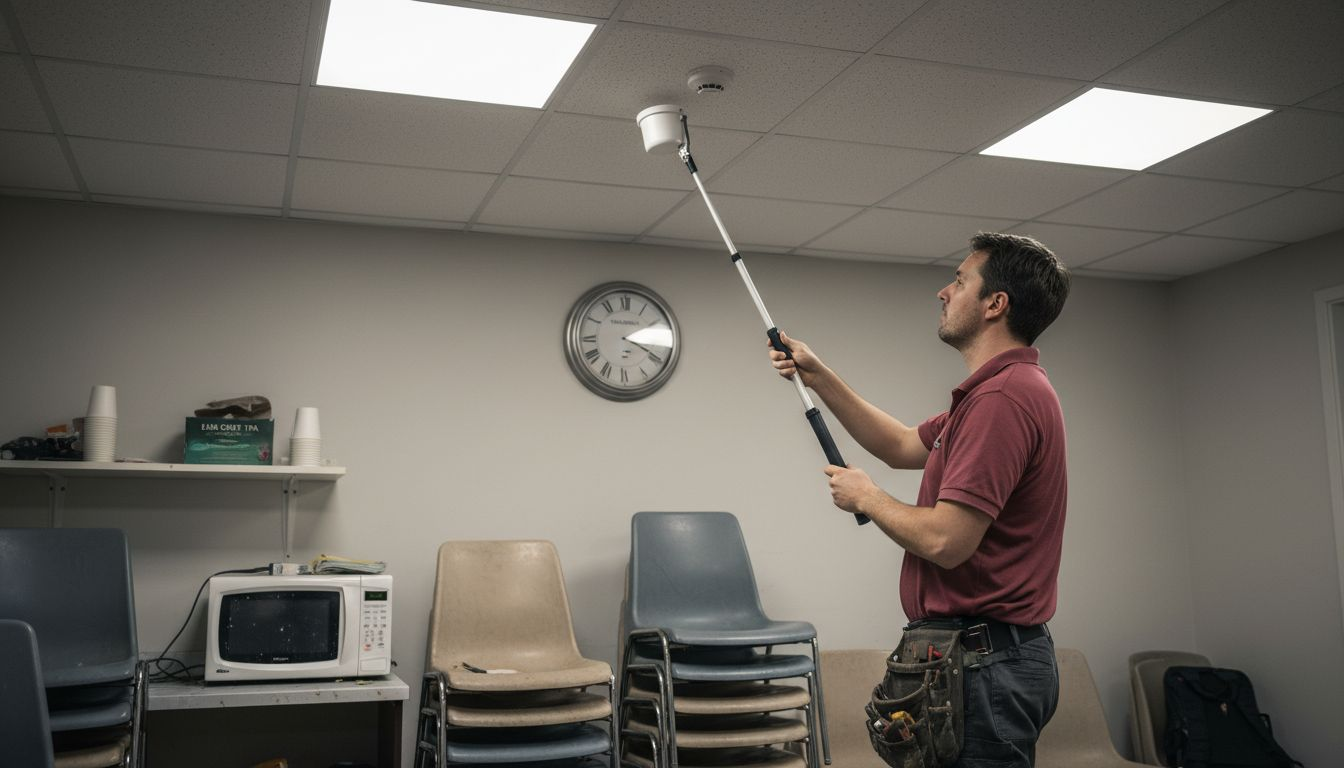 Technician testing smoke detector ceiling