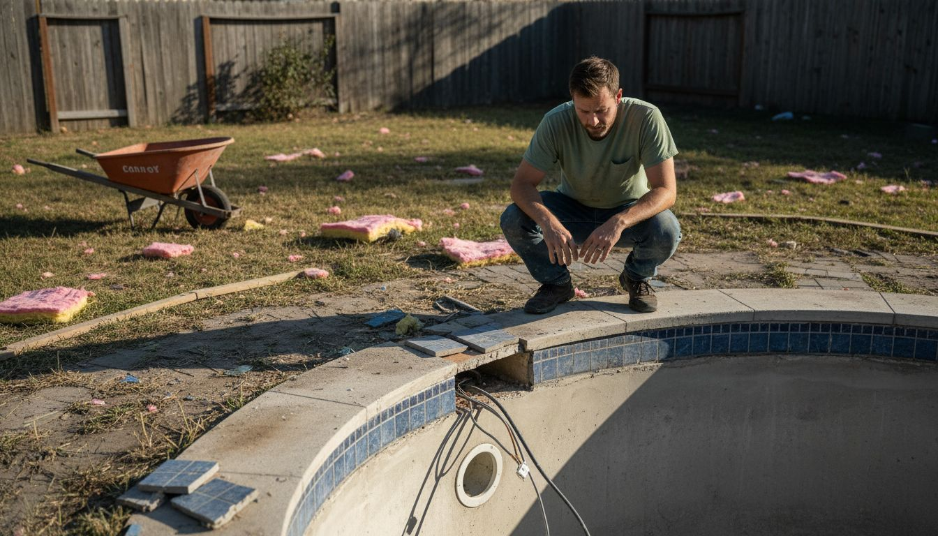 Unsafe, unfinished pool site being inspected