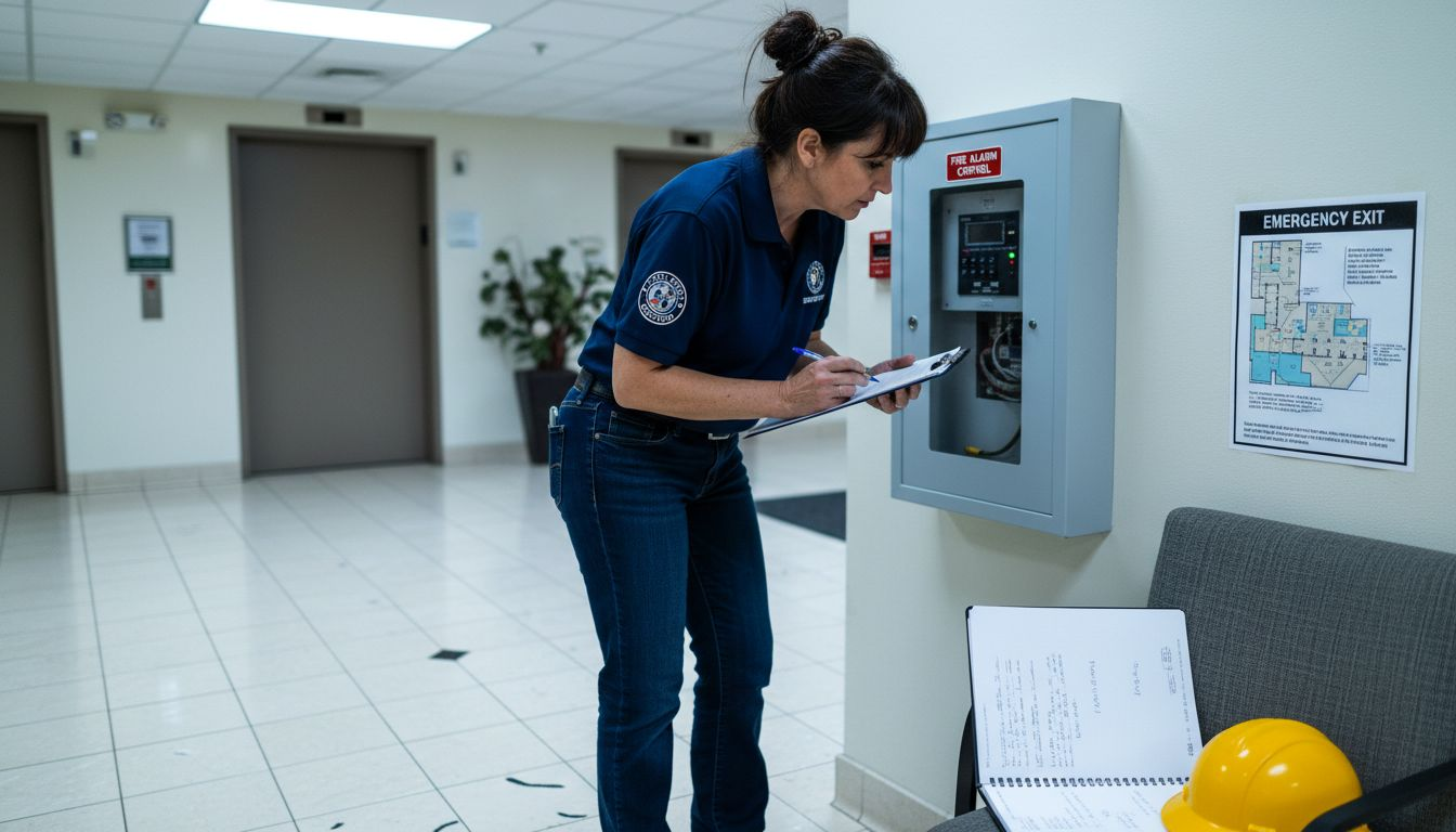 Inspector checking fire alarm panel in lobby
