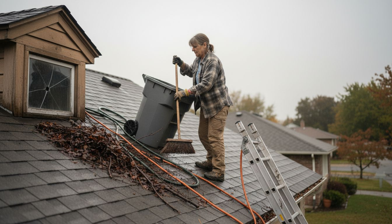 Woman safely clearing debris from roof