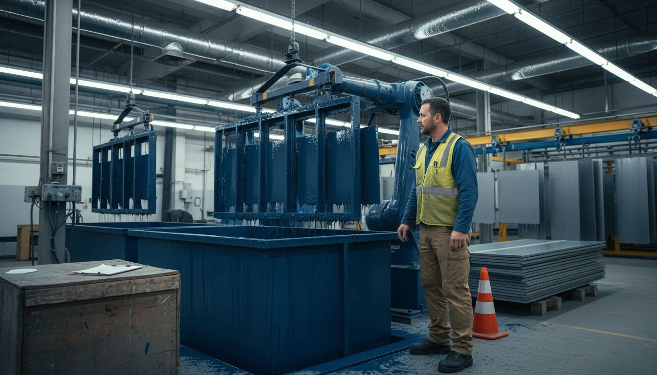 Technician monitors dip coating metal panels