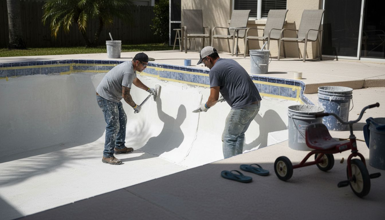 Crew resurfacing empty backyard swimming pool