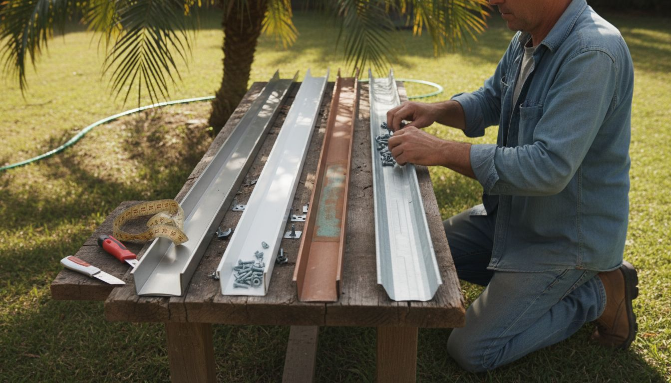 Gutter material samples on backyard workbench