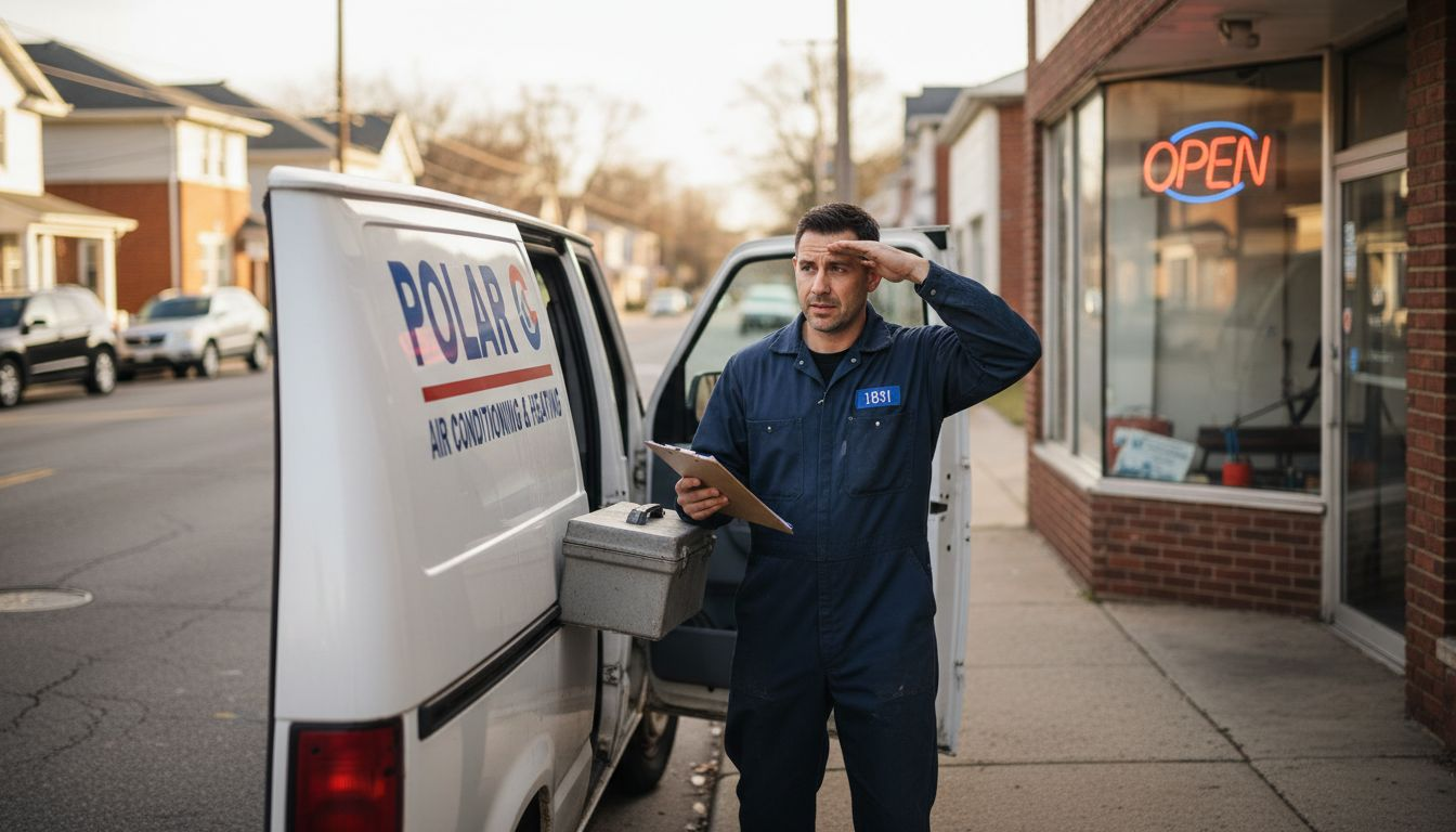 HVAC van and technician on city street