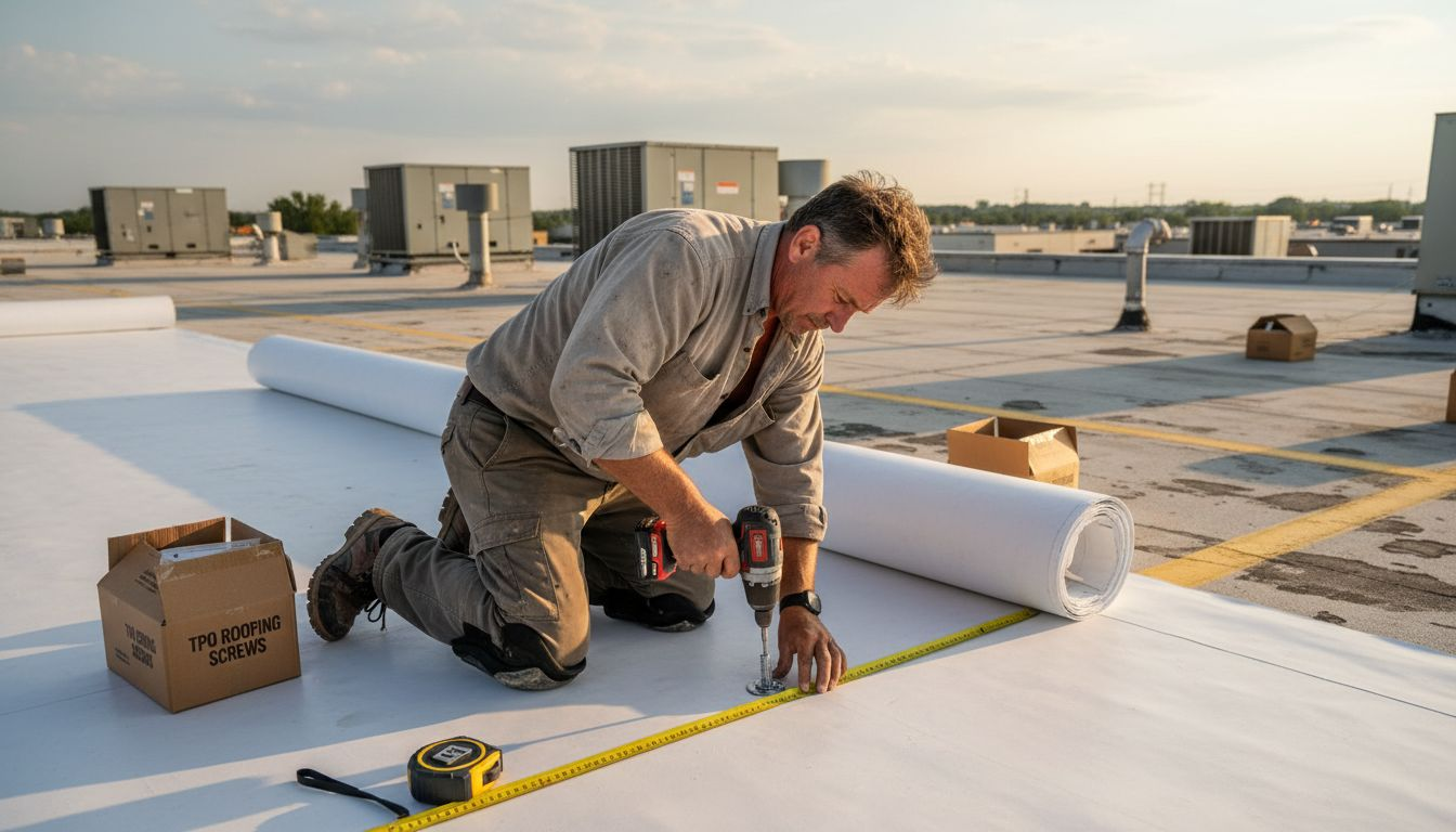 Installer fastening TPO membrane on warehouse roof