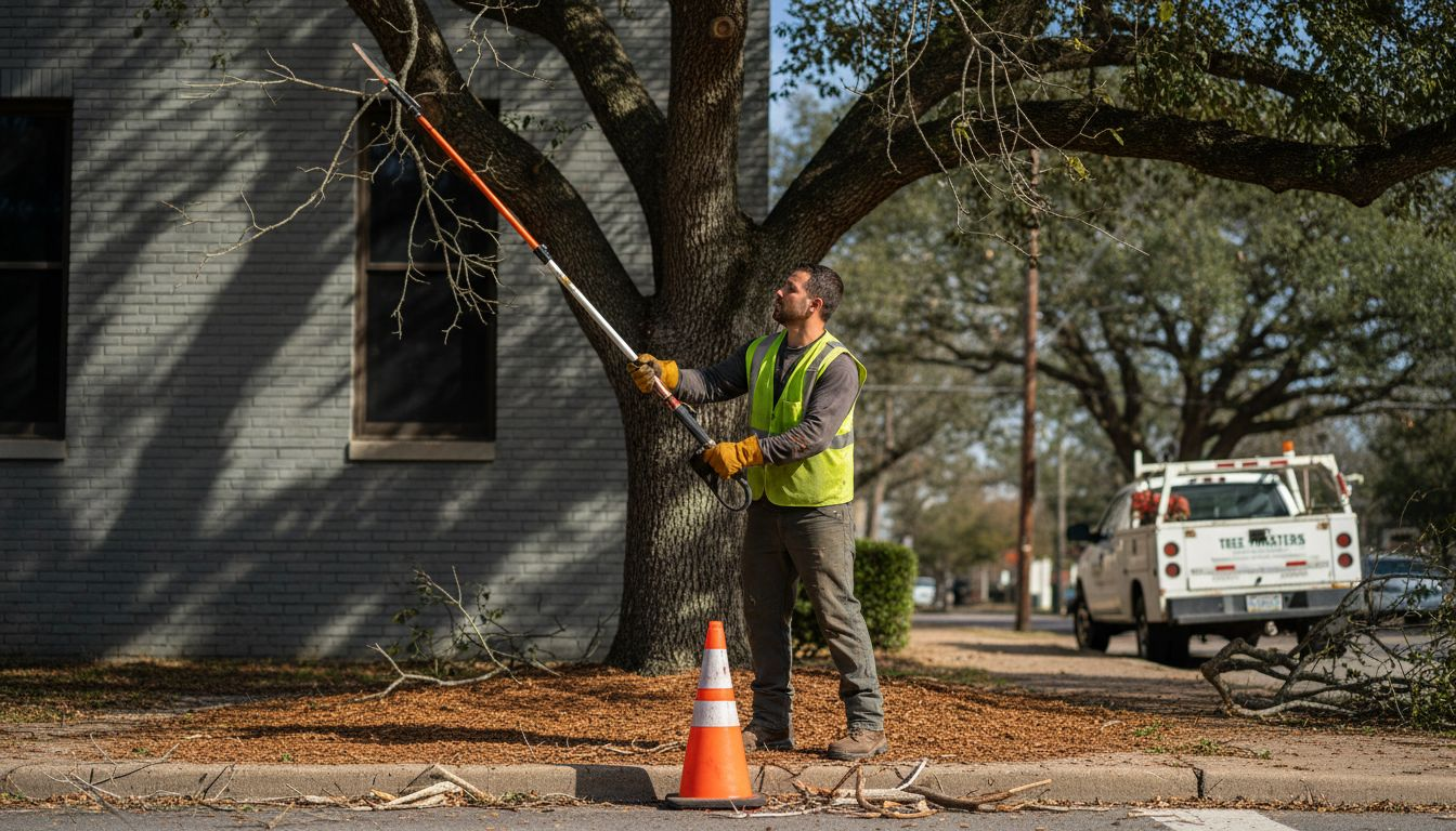 Arborist trimming commercial property tree