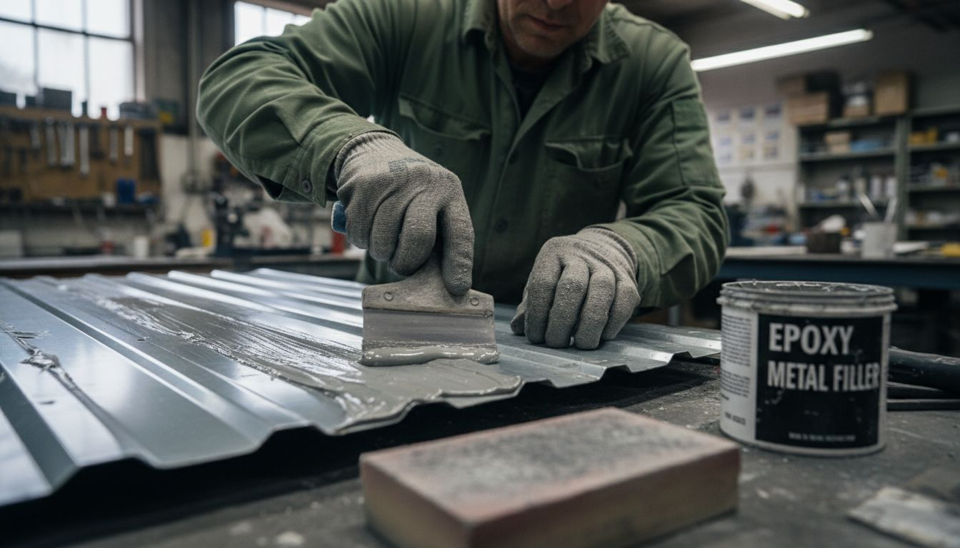 Worker repairing metal panel with epoxy filler