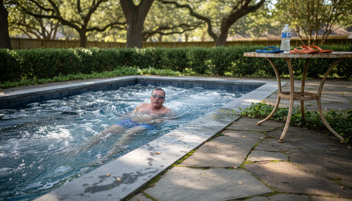 Man swimming in modern swim spa outdoors