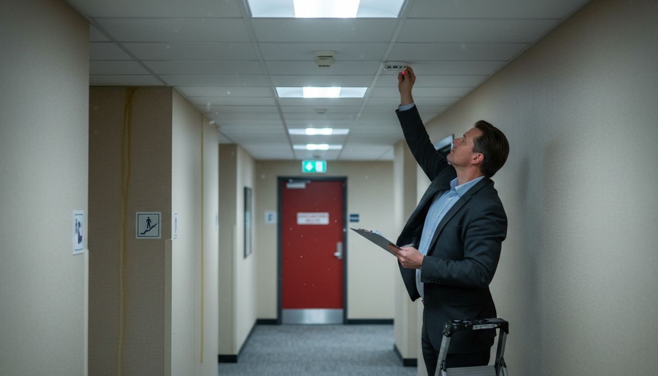 Manager inspecting fire detector in corridor