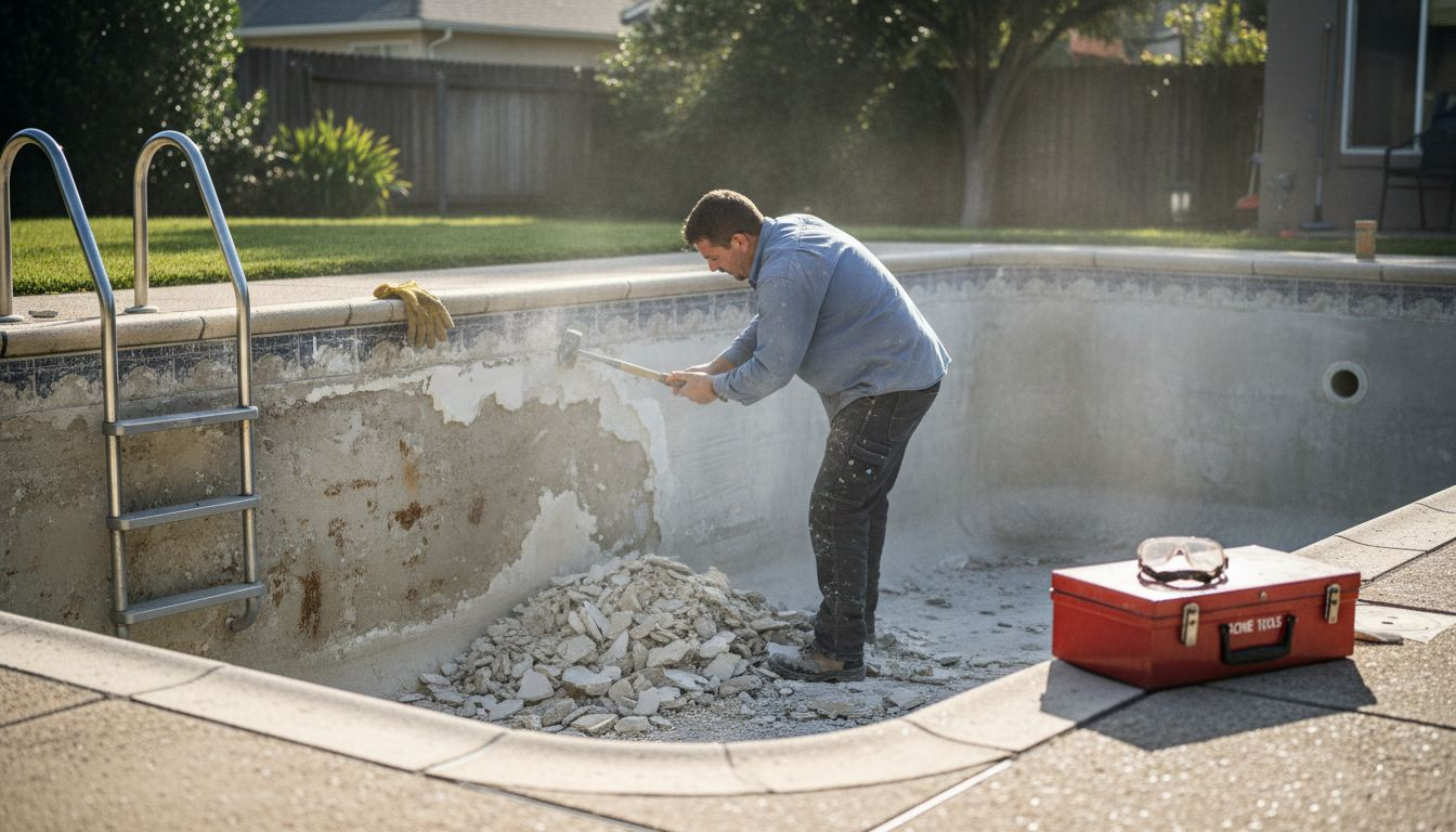 Worker removing old pool surface in backyard