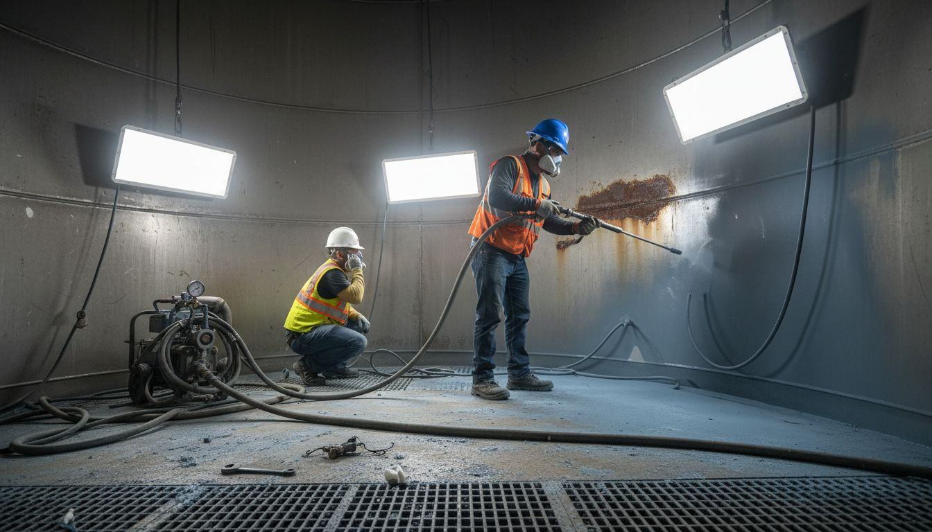 Workers applying coating inside water tank