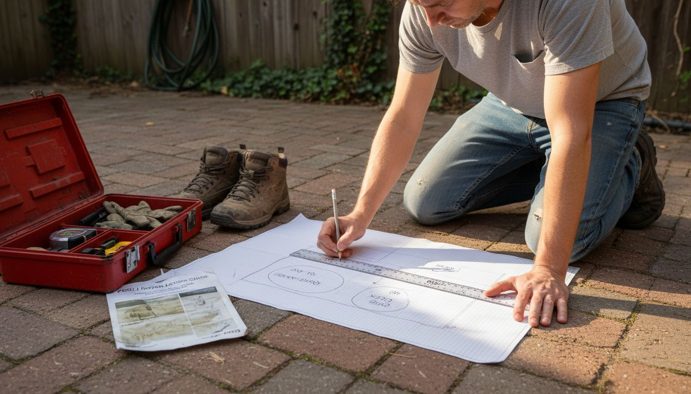Person drawing pool plot plan on patio