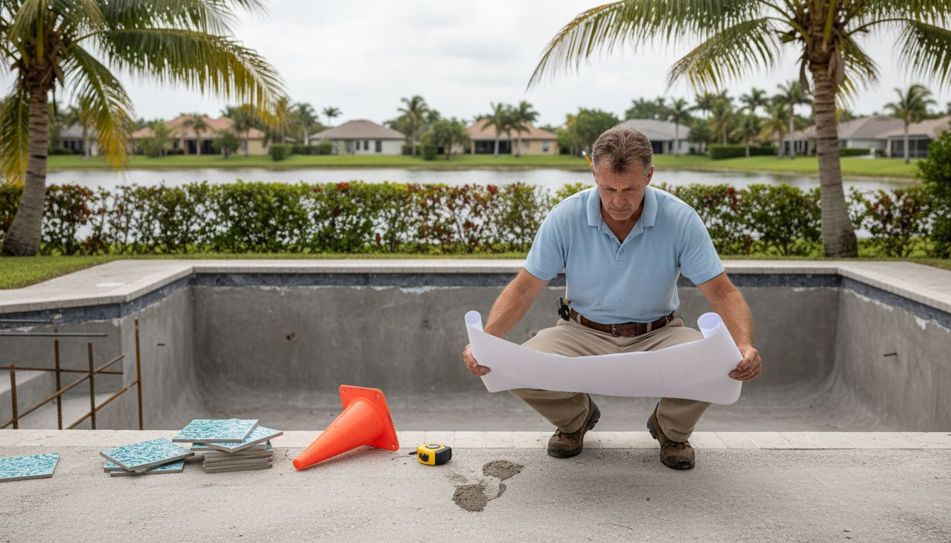 Pool contractor reviews blueprints at Florida pool