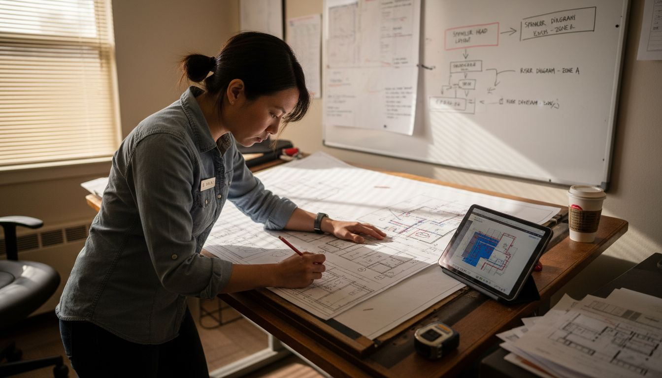 Engineer marking fire system blueprints