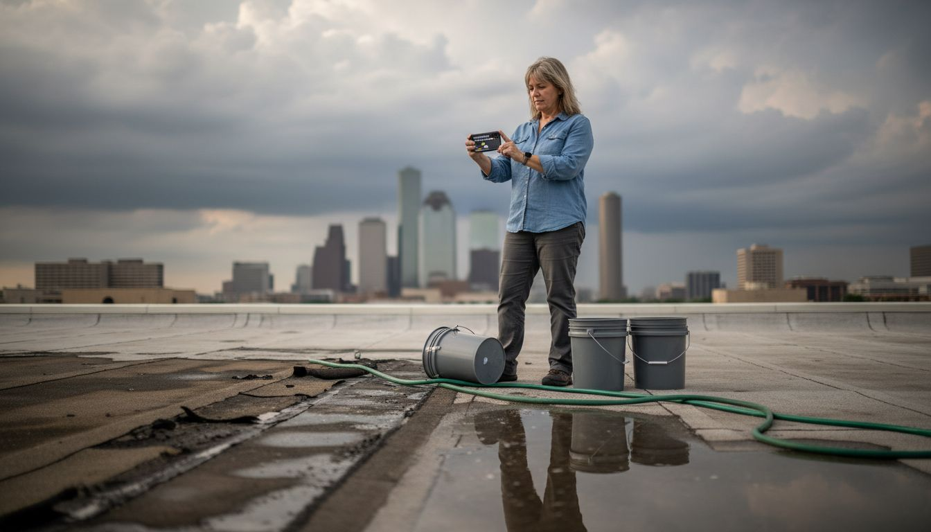 Manager photographing rain-damaged roof section