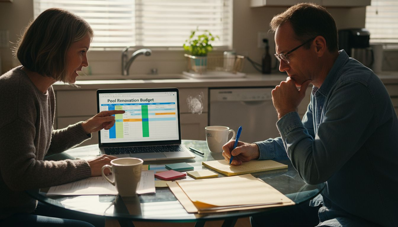 Couple planning pool renovation budget at home