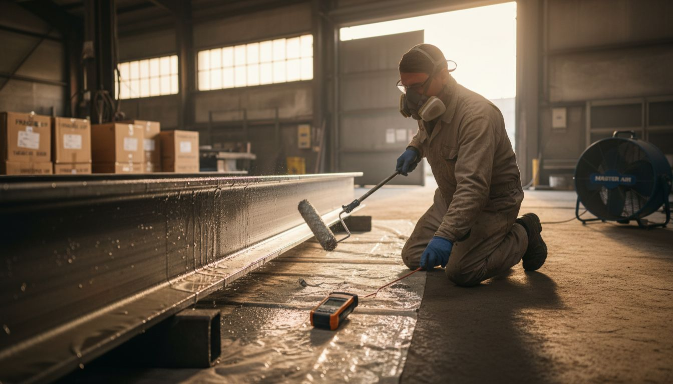 Technician applying coating in humid warehouse