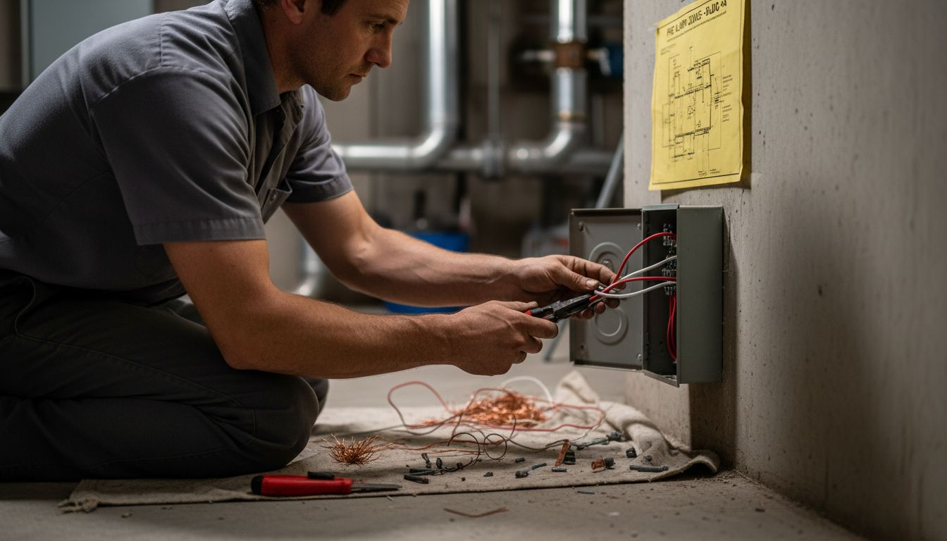 Close-up of technician wiring fire alarm