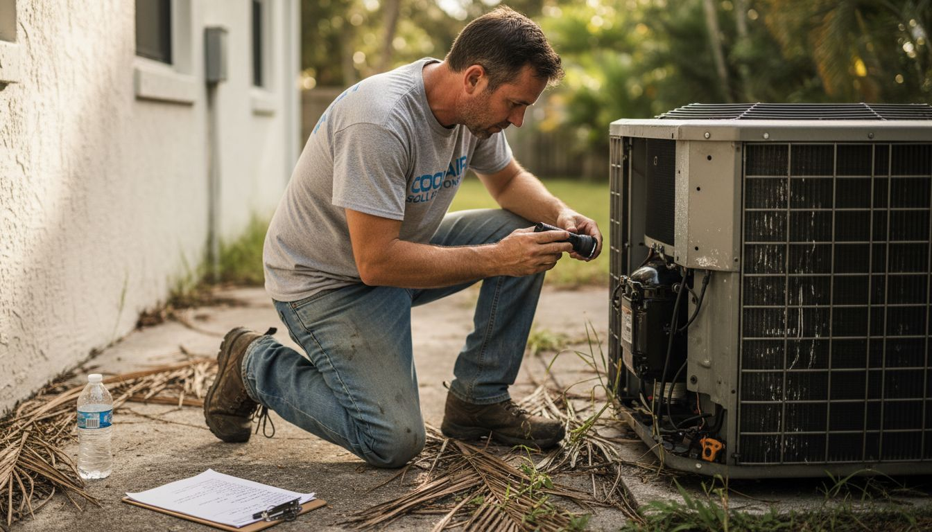 Technician inspecting AC compressor outdoors