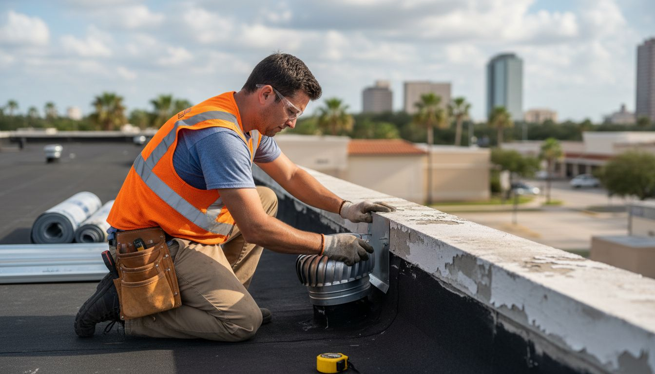 Technician installing commercial roof flashing