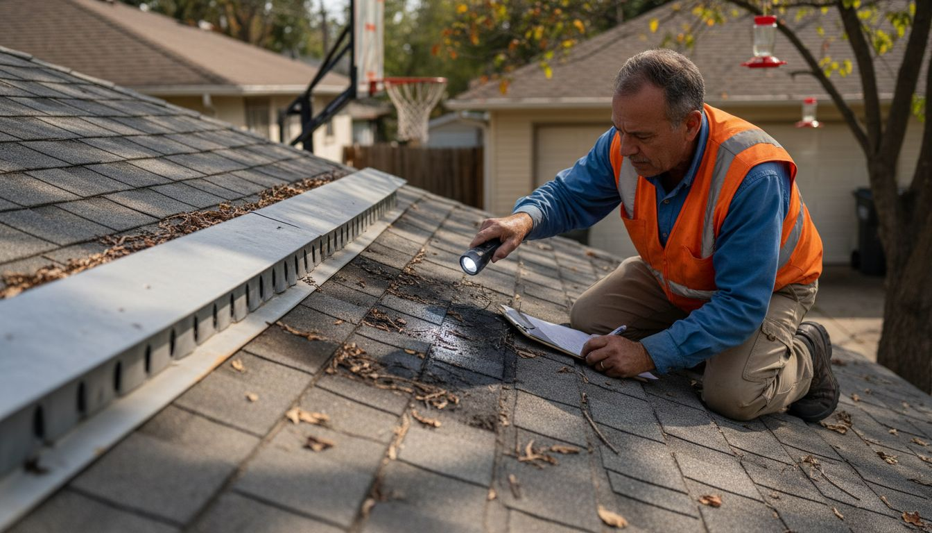Inspector checking roof for storm damage risks