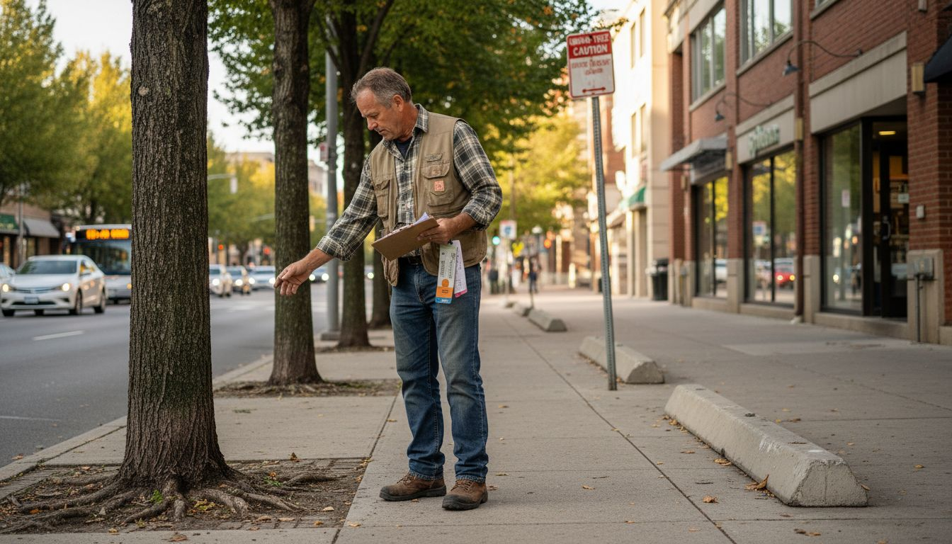 Arborist inspecting city trees for compliance
