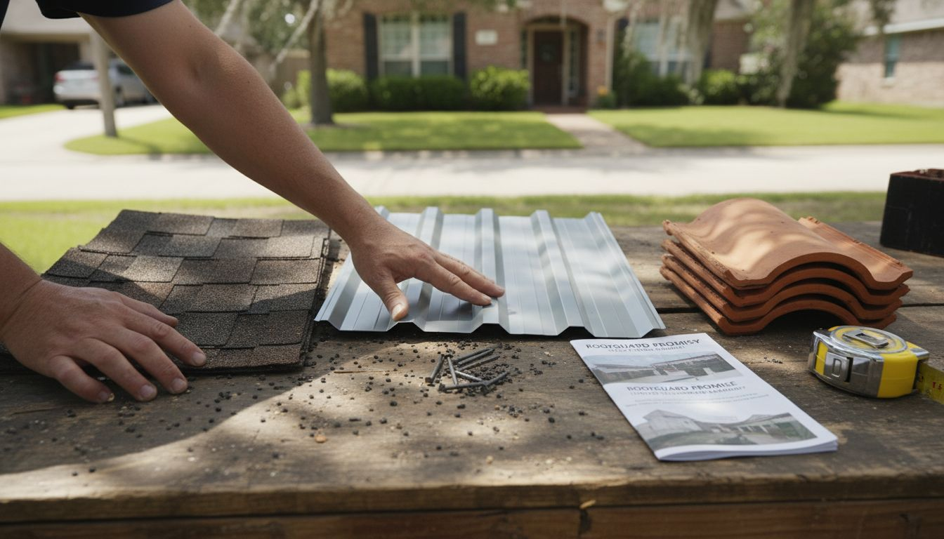 Houston roofing material samples on outdoor table