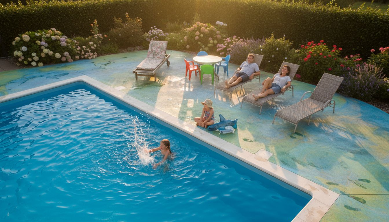 Family enjoys decorative non-slip pool deck