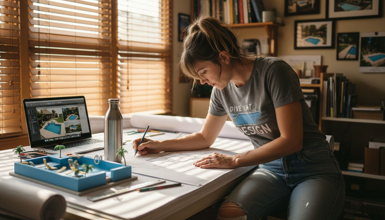Designer reviewing custom pool blueprints