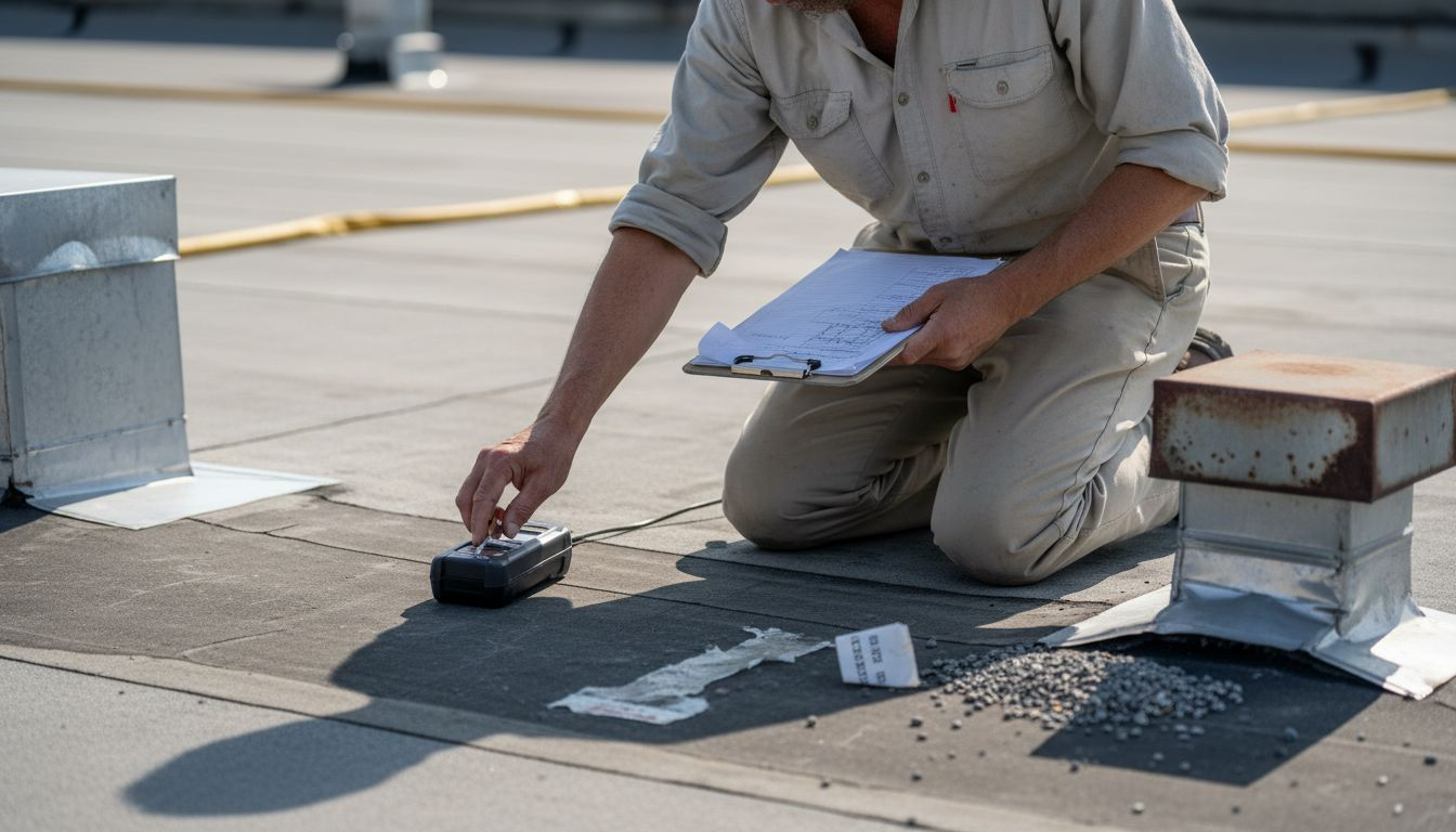 Inspector checking commercial roof for damage