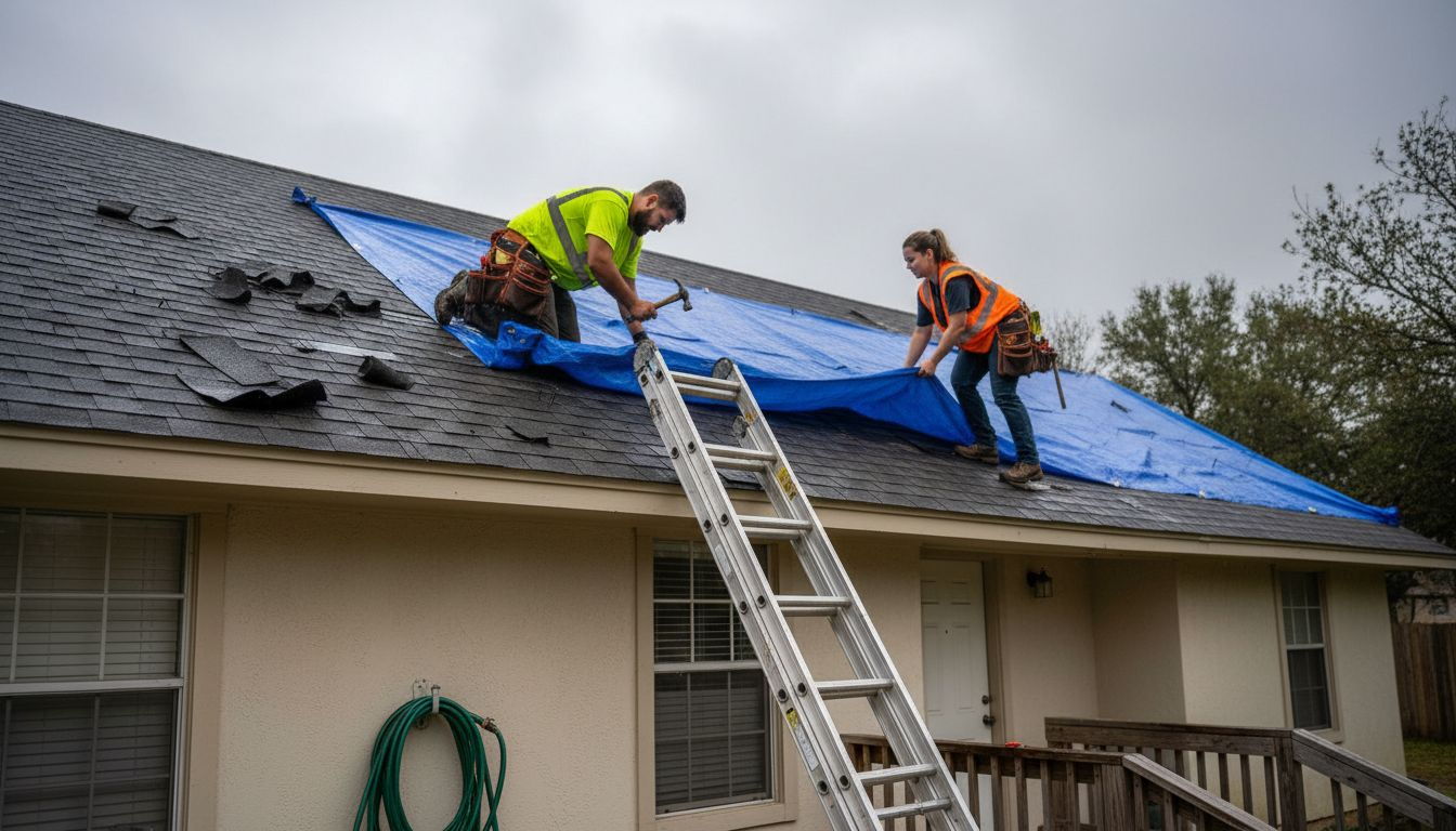 Workers installing emergency roof tarp