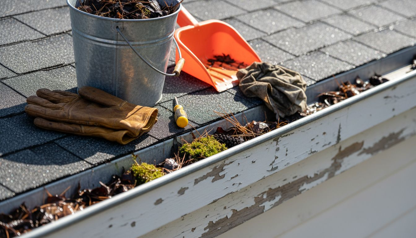 Tools and bucket for gutter debris removal
