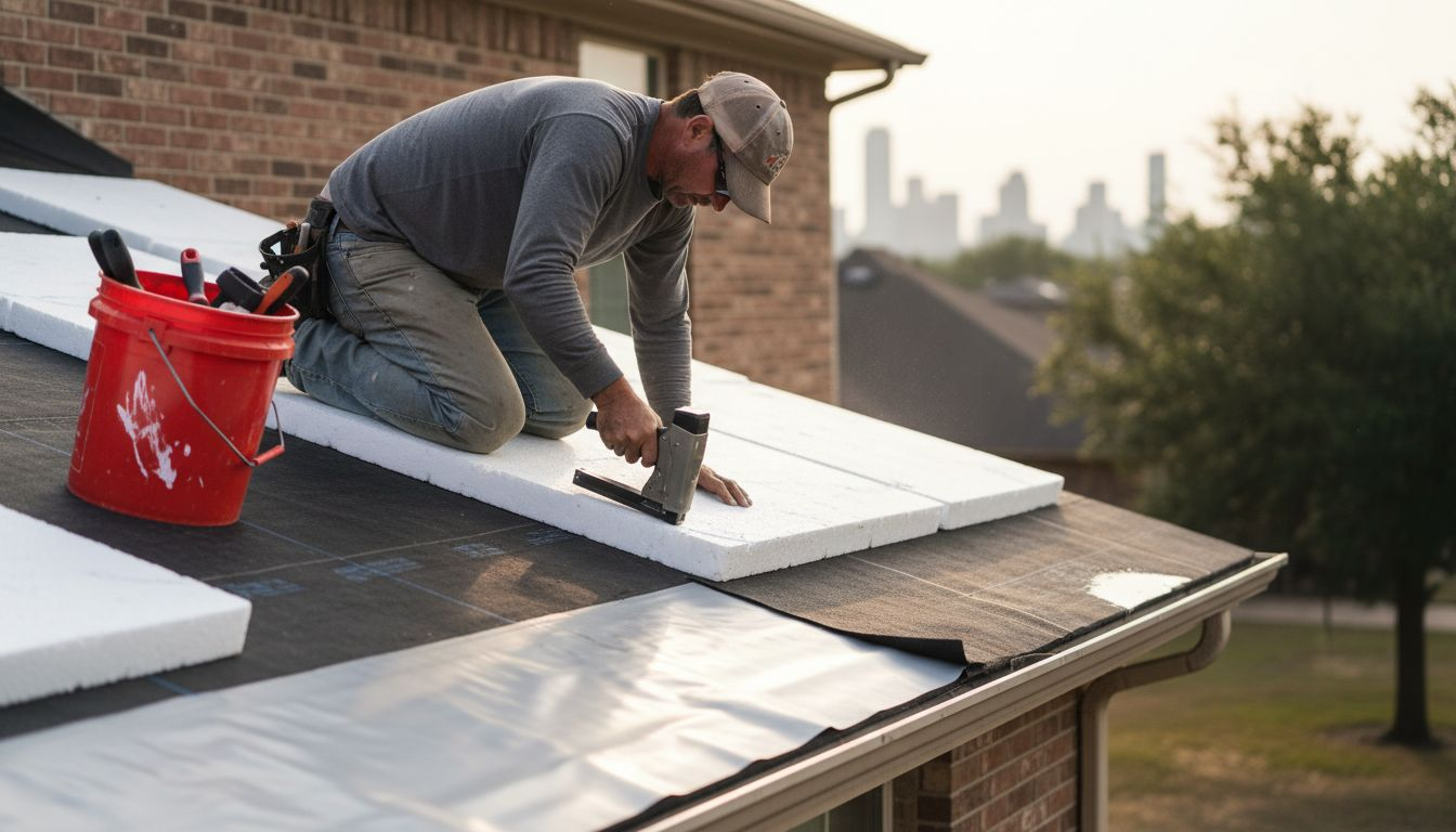 Installer layering low-slope roof materials