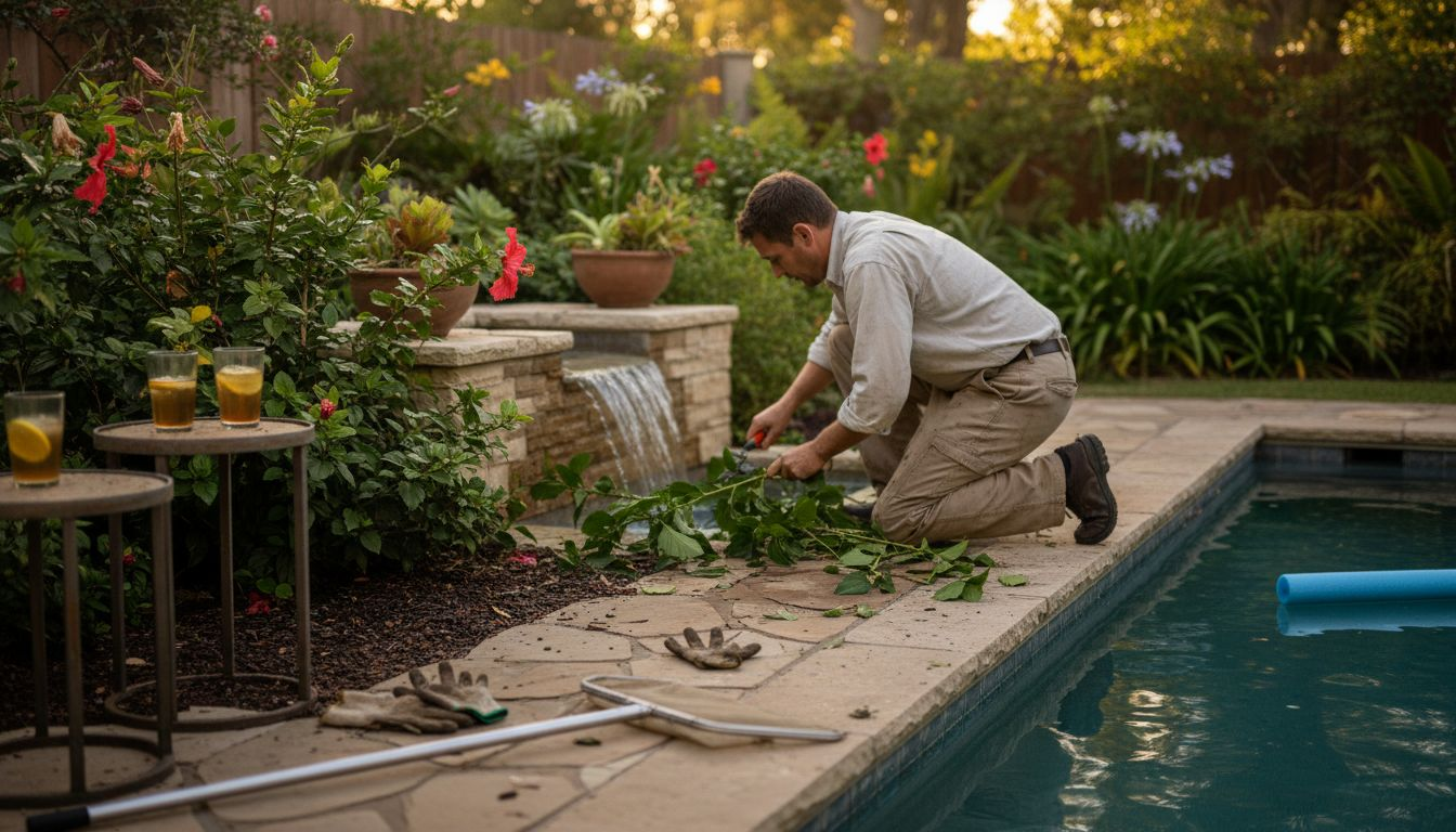 Gardener maintaining tropical poolside landscaping
